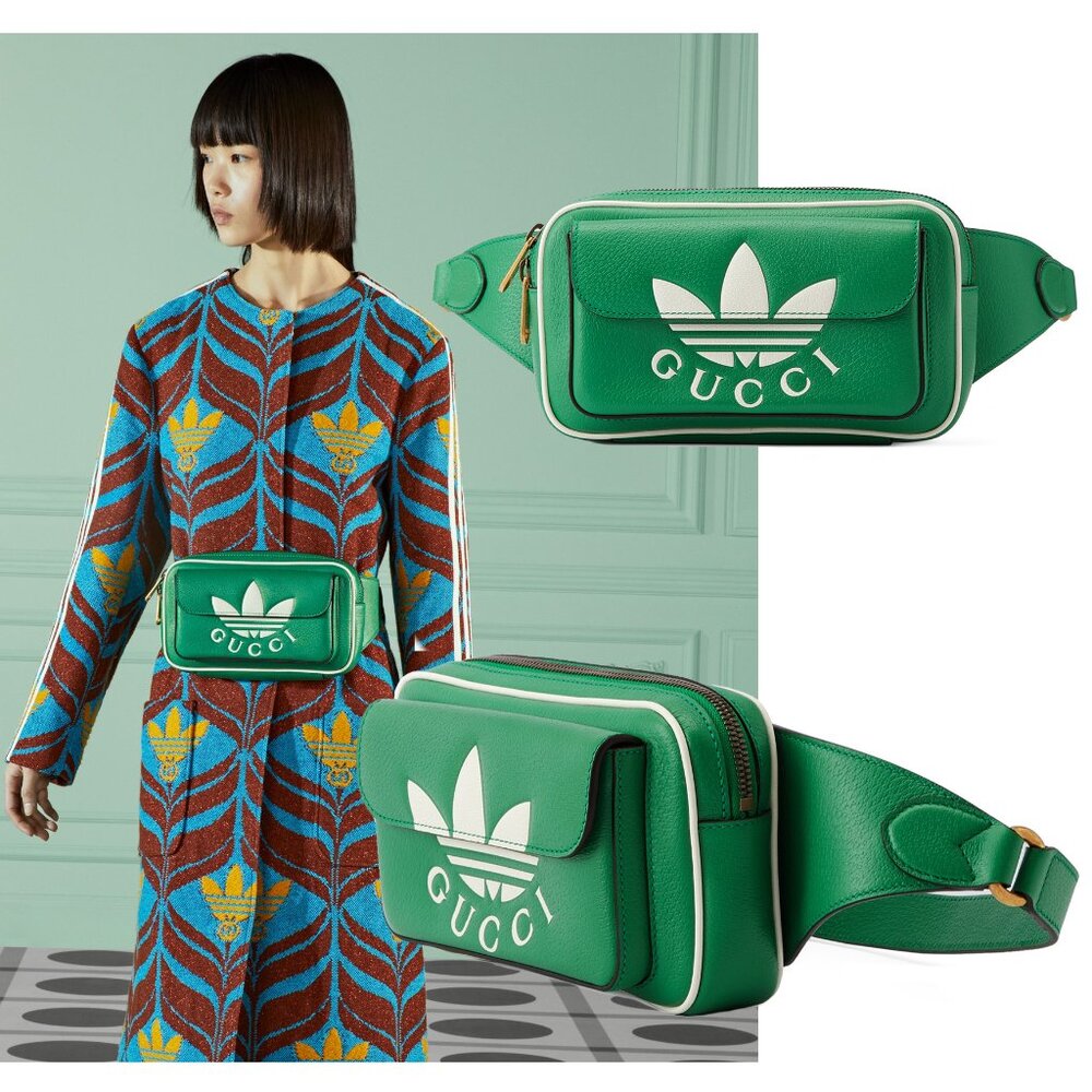 GUCCI BAG 722141 ADIDAS X TREFOIL BELT GREEN LEATHER SIGNATURE LOGO UNISEX
